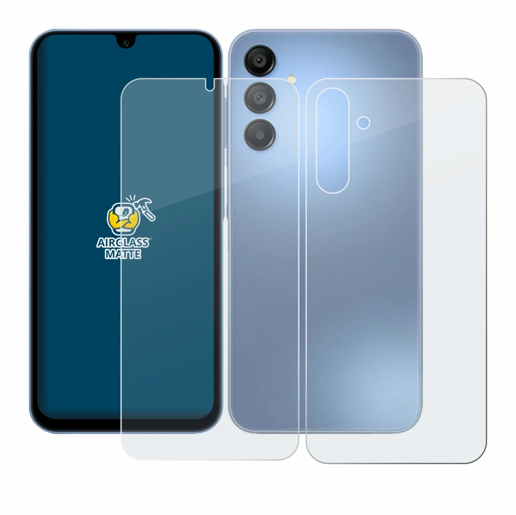 Image de l'appareil Samsung Galaxy A15 (Avant+Arrière) avec une grande variété de protections d'écran.