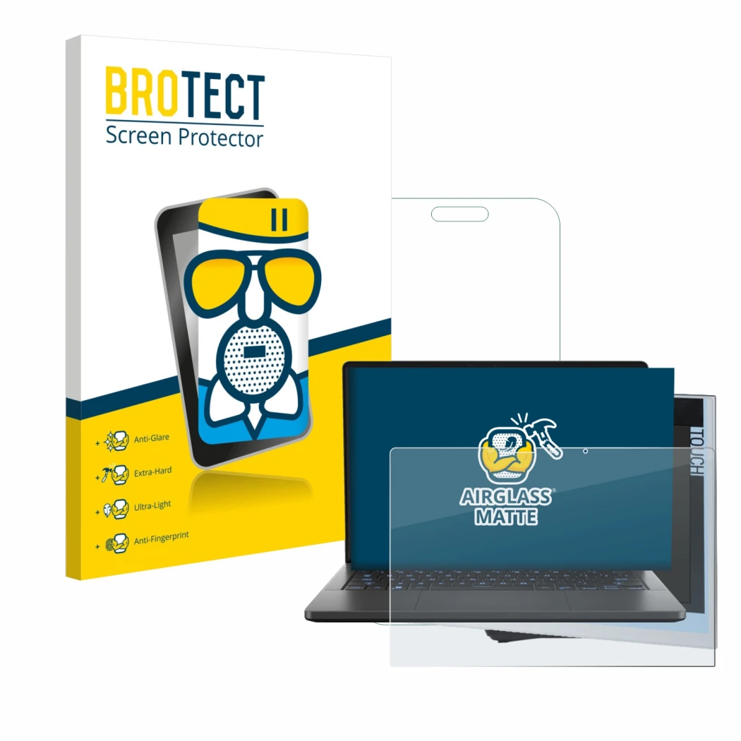 Face avant d’un emballage produit avec le logo de la marque BROTECT. À côté, l’appareil ASUS ROG Zephyrus G14 2024 GA403 est r