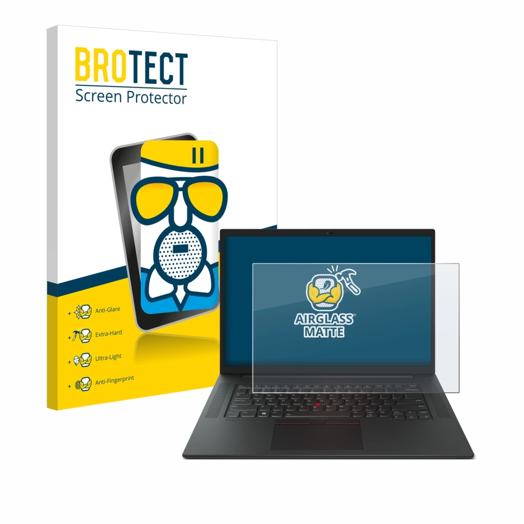 Face avant d’un emballage produit avec le logo de la marque BROTECT. À côté, l’appareil Lenovo ThinkPad P1 Gen 6 16