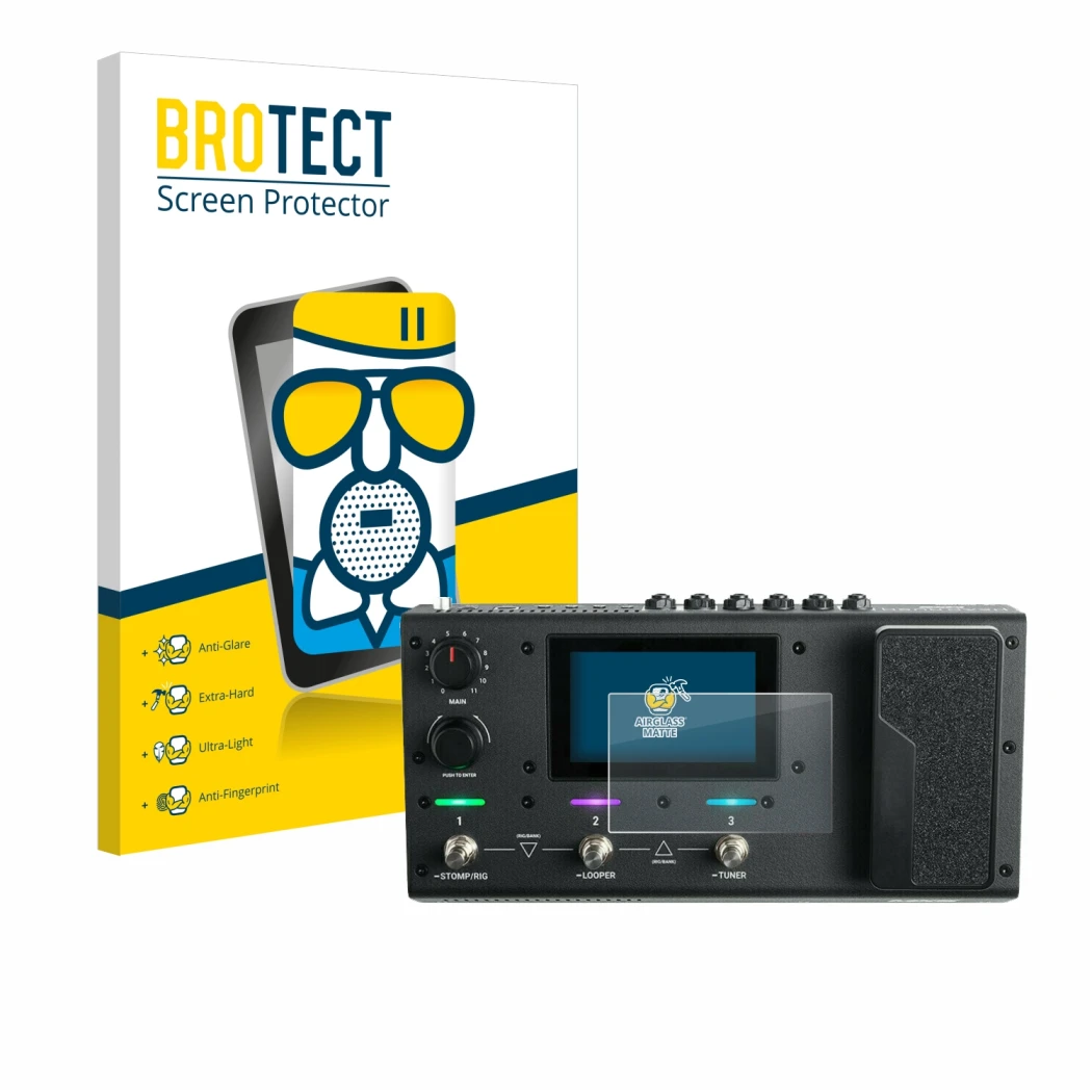 Face avant d’un emballage produit avec le logo de la marque BROTECT. À côté, l’appareil Headrush MX5 est représenté avec la pr