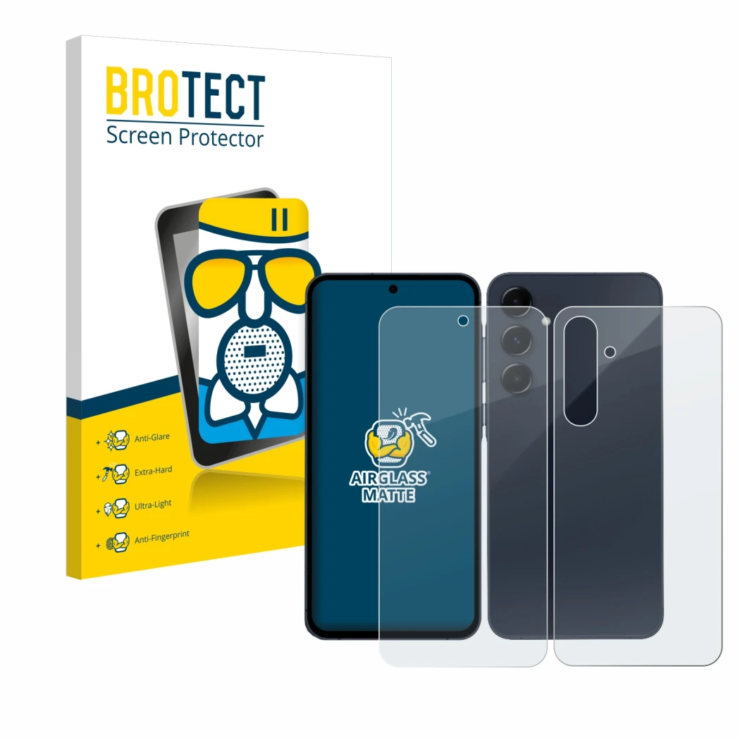 Face avant d’un emballage produit avec le logo de la marque BROTECT. À côté, l’appareil Samsung Galaxy A35 5G (Avant+Arrière) 