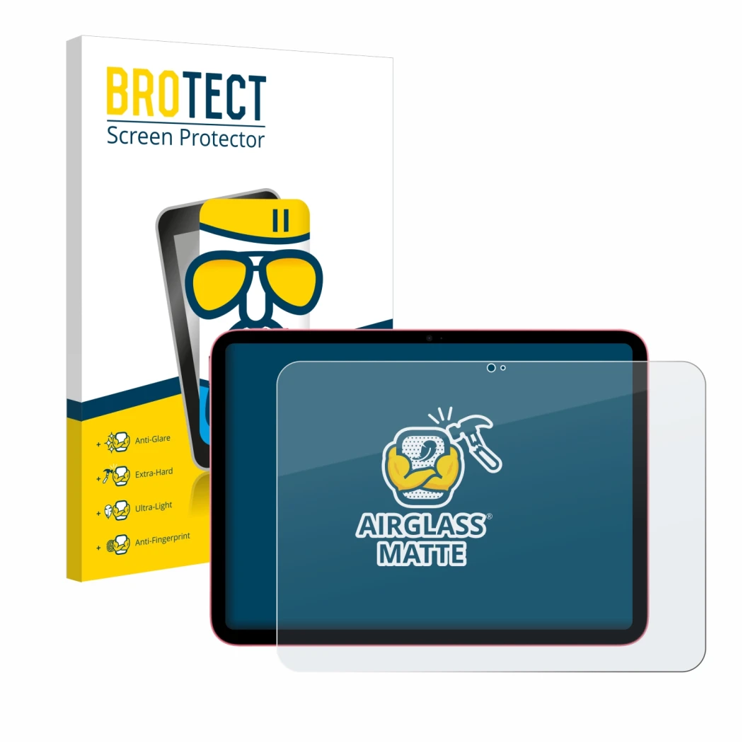 Face avant d’un emballage produit avec le logo de la marque BROTECT. À côté, l’appareil Apple iPad 10.9