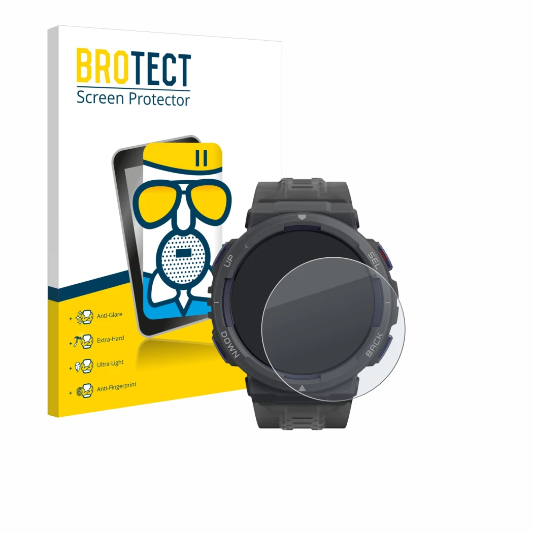 Face avant d’un emballage produit avec le logo de la marque BROTECT. À côté, l’appareil Amazfit Active Edge est représenté ave