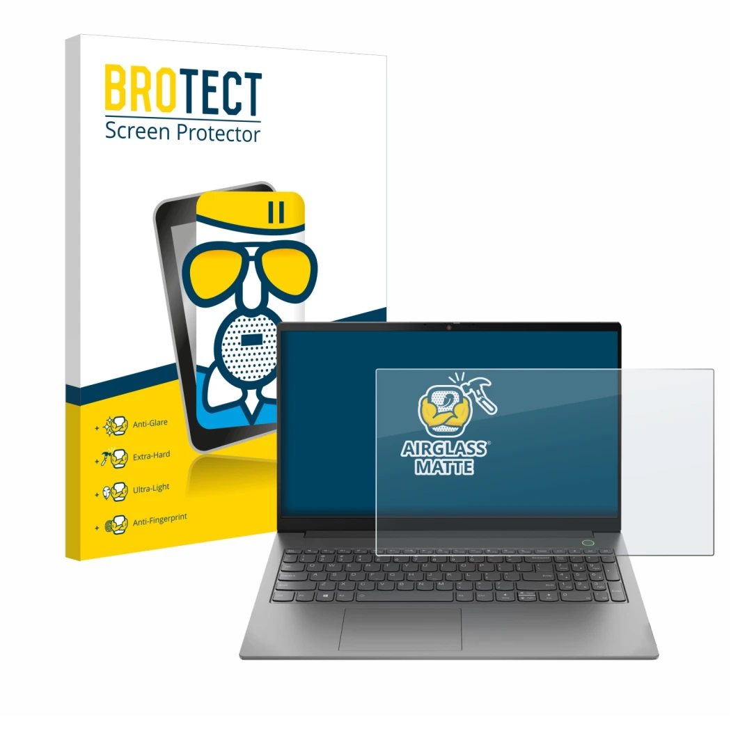 Face avant d’un emballage produit avec le logo de la marque BROTECT. À côté, l’appareil Lenovo ThinkBook 15 Gen 4 est représen