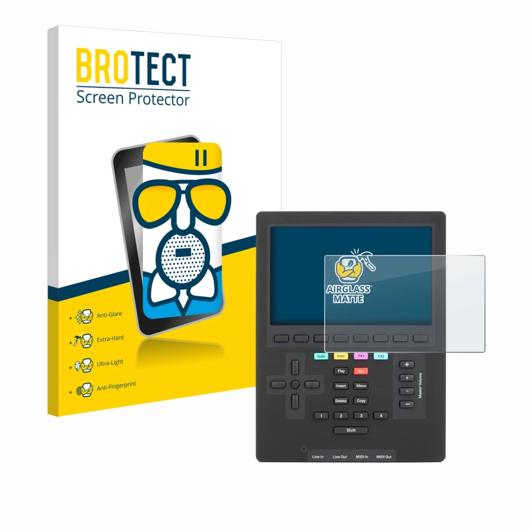 Face avant d’un emballage produit avec le logo de la marque BROTECT. À côté, l’appareil Polyend Tracker Mini est représenté av