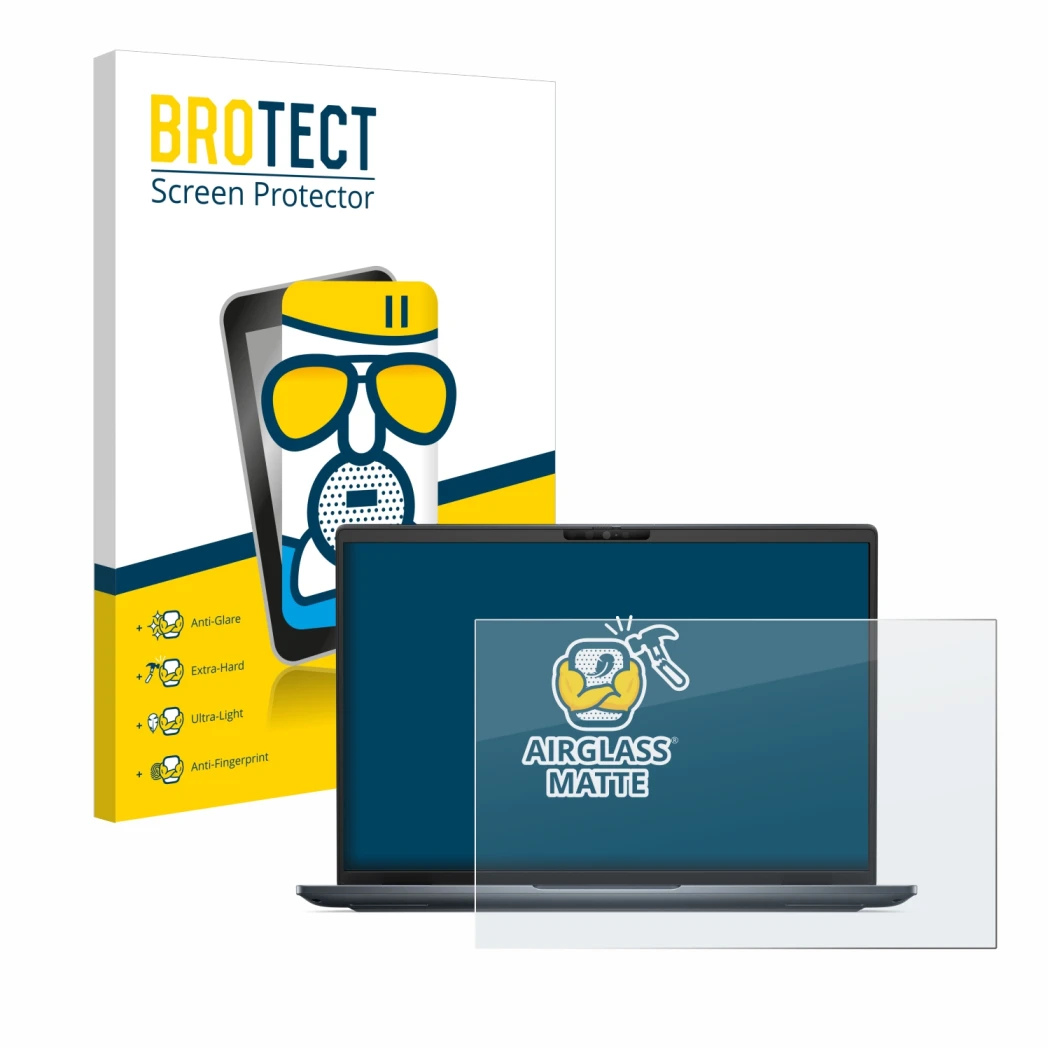 Face avant d’un emballage produit avec le logo de la marque BROTECT. À côté, l’appareil Dell Latitude 7450 Laptop est représen