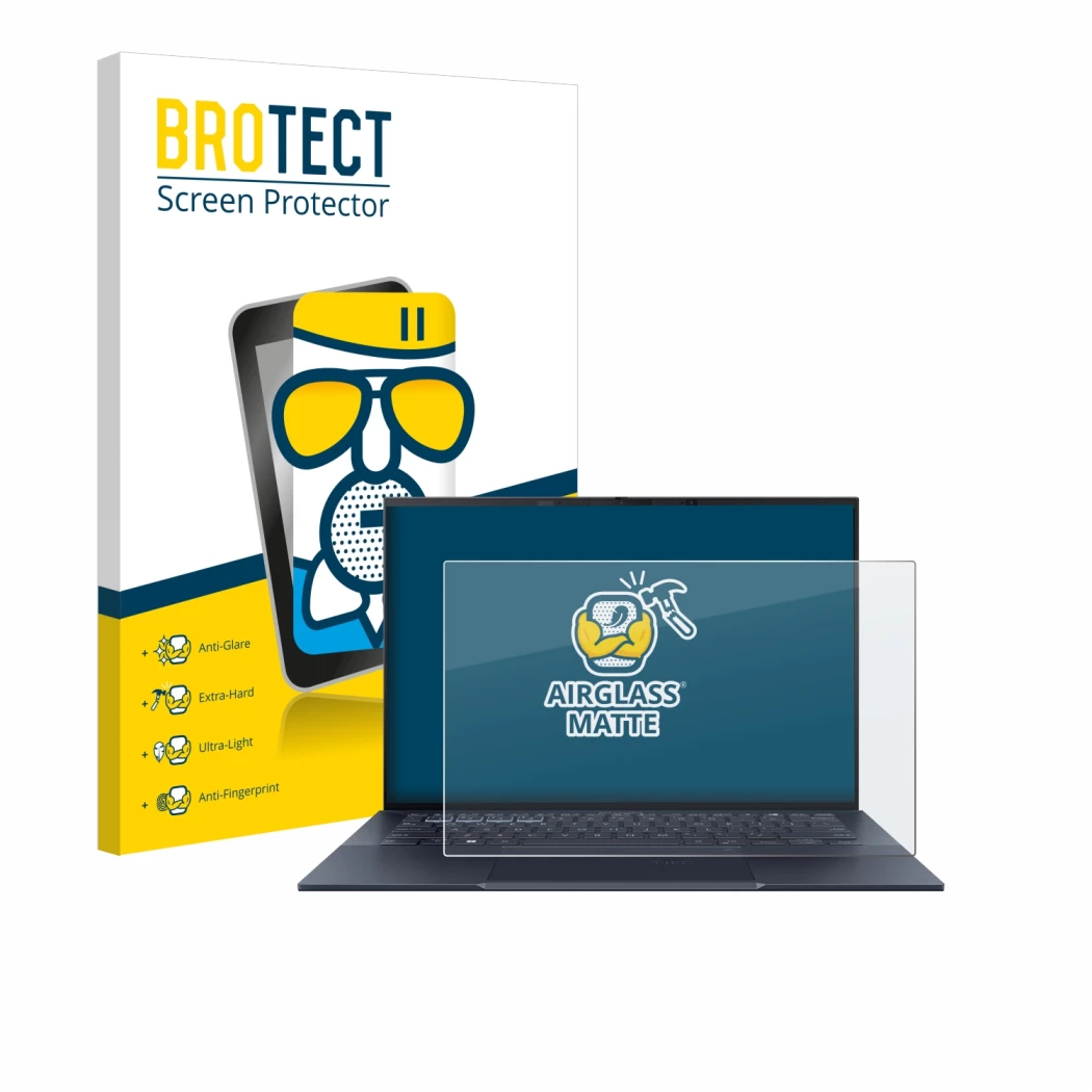 Face avant d’un emballage produit avec le logo de la marque BROTECT. À côté, l’appareil ASUS ExpertBook B9 B9403 est représent