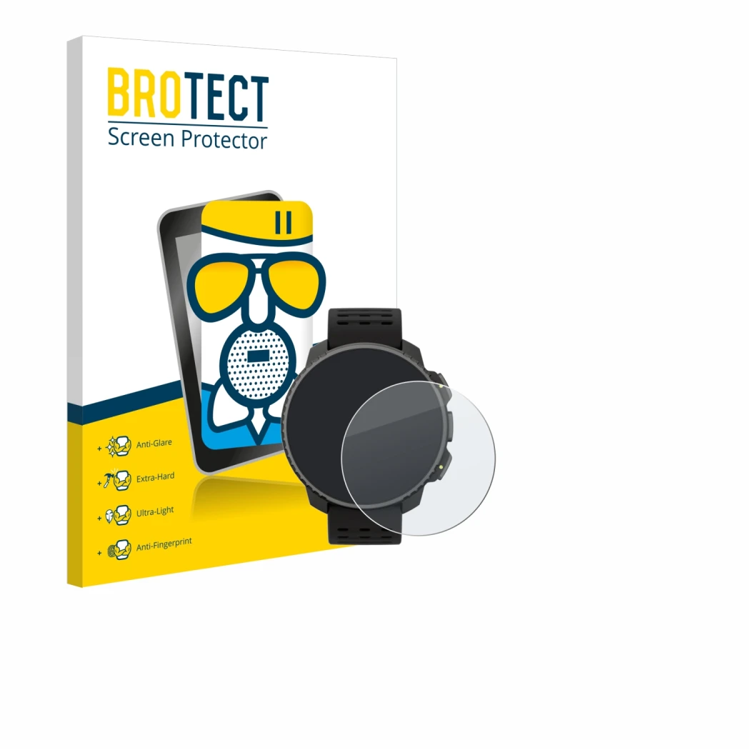 Face avant d’un emballage produit avec le logo de la marque BROTECT. À côté, l’appareil Suunto Vertical Solar est représenté a