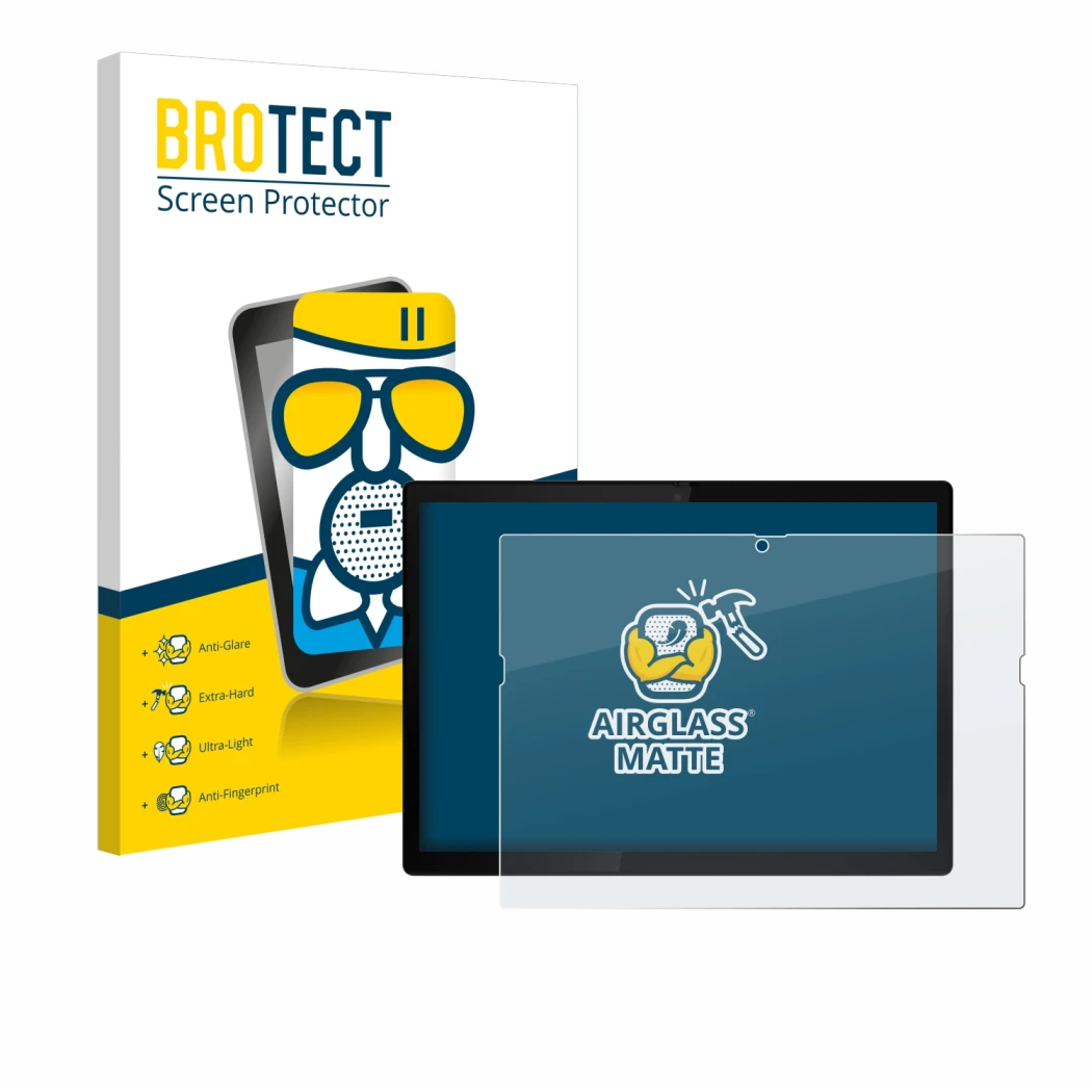 Face avant d’un emballage produit avec le logo de la marque BROTECT. À côté, l’appareil Lenovo ThinkPad X12 Detachable Gen 2 e