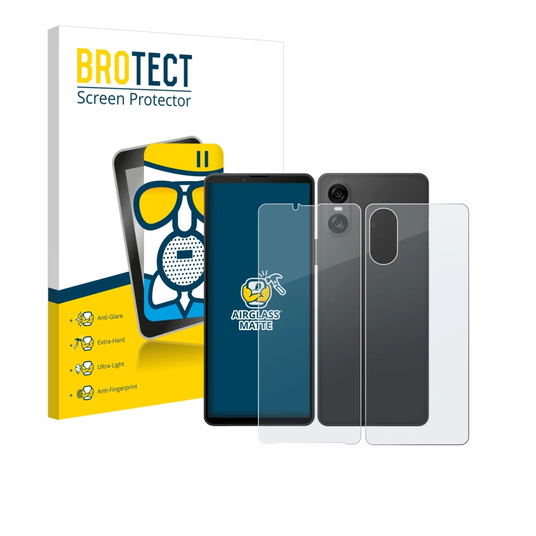 Face avant d’un emballage produit avec le logo de la marque BROTECT. À côté, l’appareil Sony Xperia 10 VI (Avant+Arrière) est