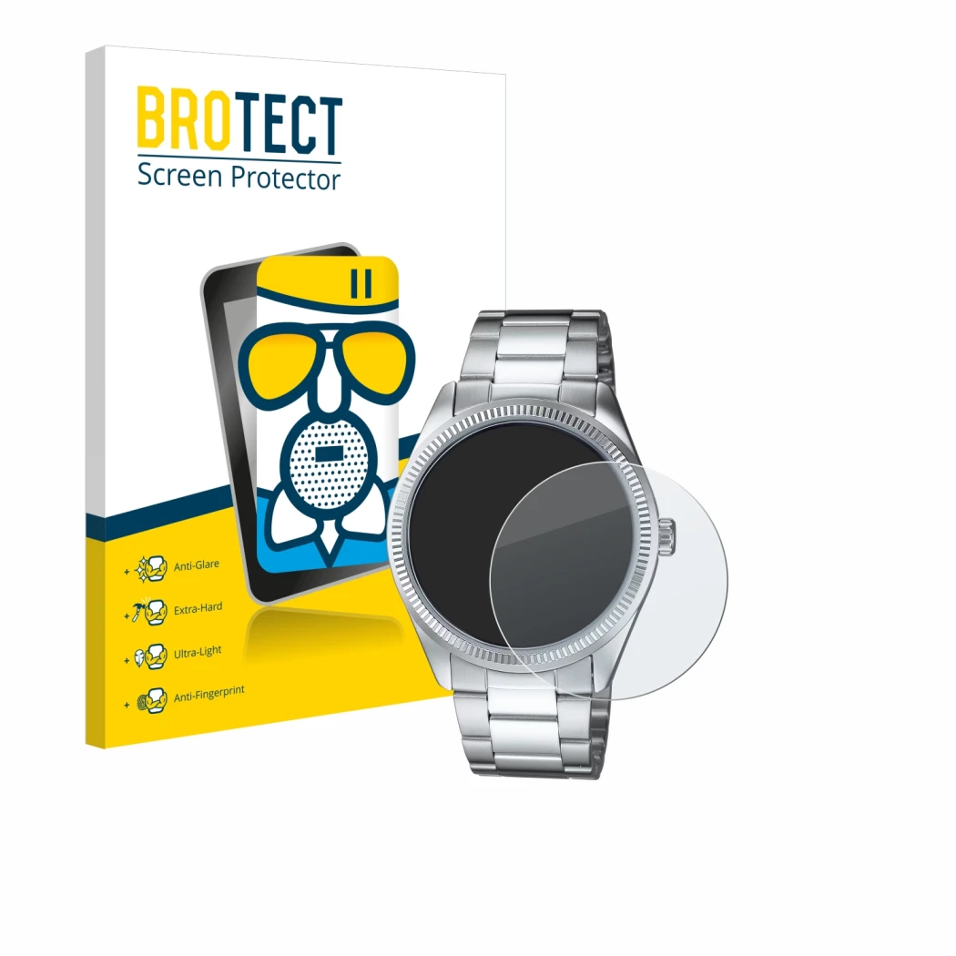 Face avant d’un emballage produit avec le logo de la marque BROTECT. À côté, l’appareil Casio MTP-1302PD est représenté avec l