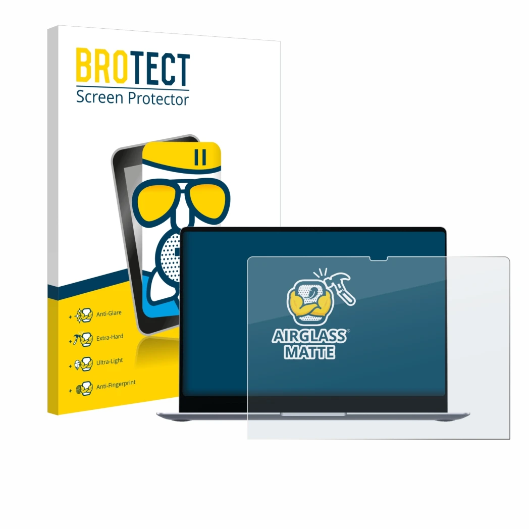 Face avant d’un emballage produit avec le logo de la marque BROTECT. À côté, l’appareil Samsung Galaxy Book4 Edge 14