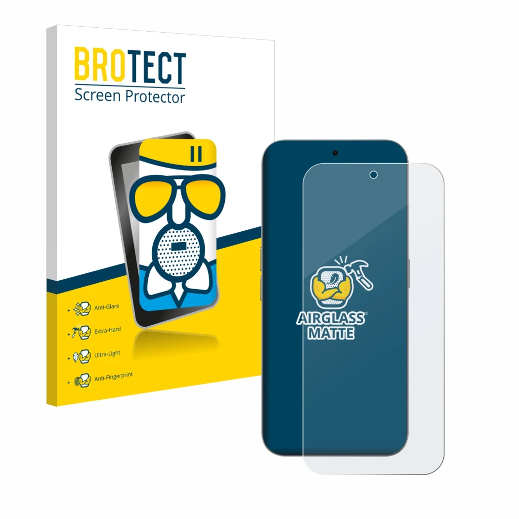 Face avant d’un emballage produit avec le logo de la marque BROTECT. À côté, l’appareil Nothing Phone (2a) Plus est représenté