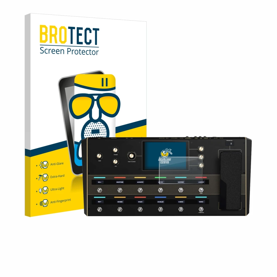 Face avant d’un emballage produit avec le logo de la marque BROTECT. À côté, l’appareil Headrush Prime est représenté avec la