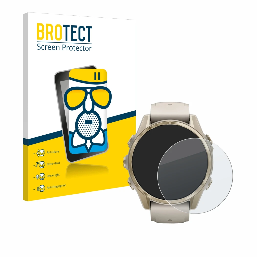 Face avant d’un emballage produit avec le logo de la marque BROTECT. À côté, l’appareil Garmin Fenix 8 (43 mm) est représenté 