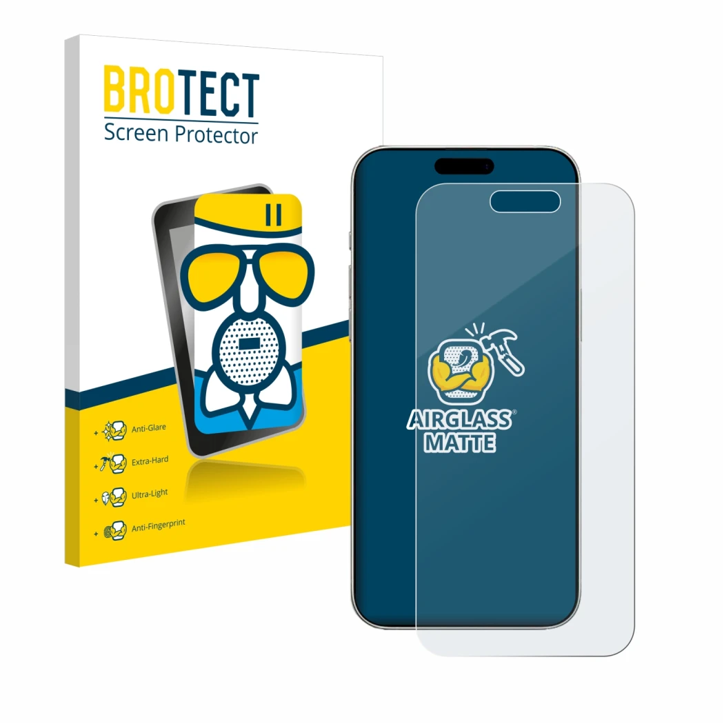 Face avant d’un emballage produit avec le logo de la marque BROTECT. À côté, l’appareil Apple iPhone 16 est représenté avec la