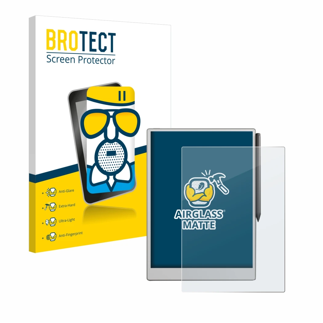 Face avant d’un emballage produit avec le logo de la marque BROTECT. À côté, l’appareil reMarkable Paper Pro est représenté av