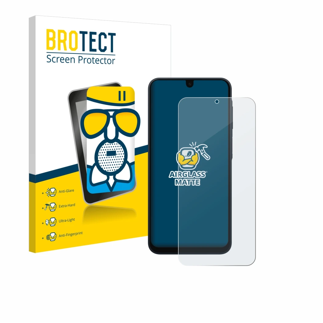 Face avant d’un emballage produit avec le logo de la marque BROTECT. À côté, l’appareil Samsung Galaxy A16 5G est représenté a