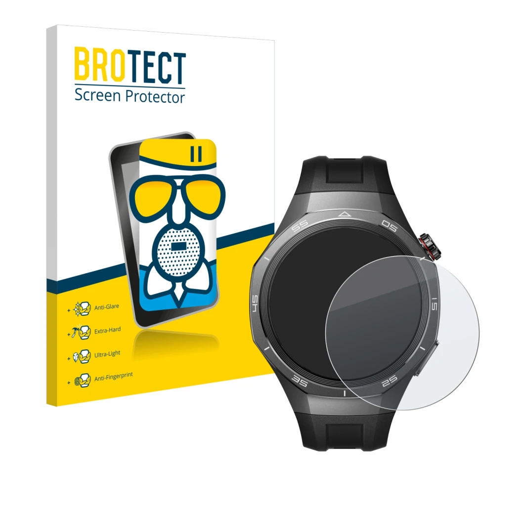 Face avant d’un emballage produit avec le logo de la marque BROTECT. À côté, l’appareil Huawei Watch GT 5 Pro (46 mm) est repr