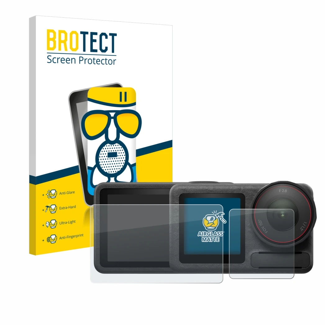 Face avant d’un emballage produit avec le logo de la marque BROTECT. À côté, l’appareil DJI Osmo Action 5 Pro est représenté a