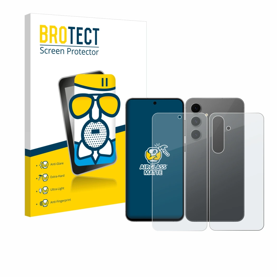 Face avant d’un emballage produit avec le logo de la marque BROTECT. À côté, l’appareil Samsung Galaxy S24 FE (Avant+Arrière)