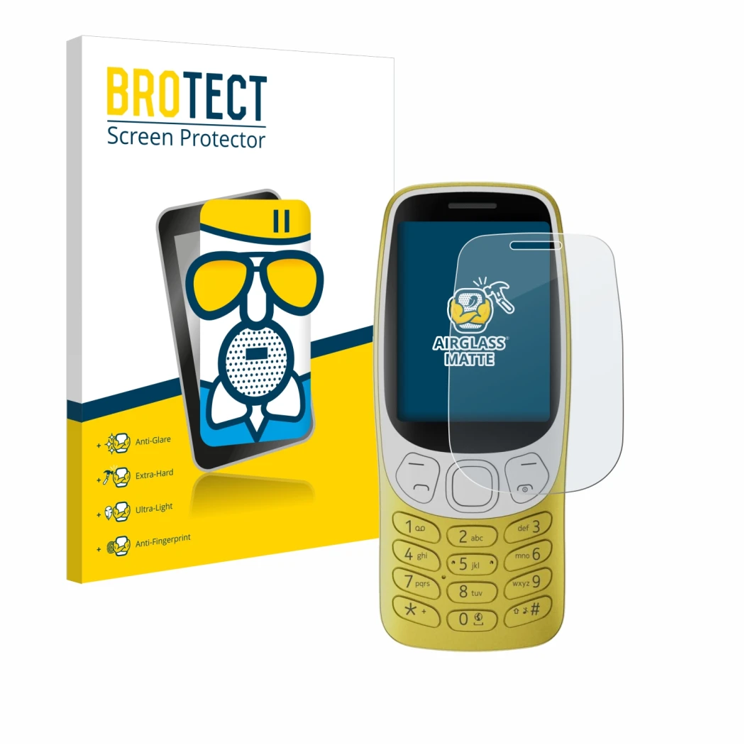 Face avant d’un emballage produit avec le logo de la marque BROTECT. À côté, l’appareil Nokia 3210 est représenté avec la prot