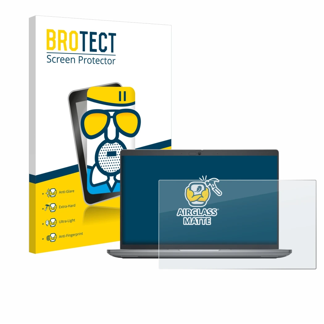 Face avant d’un emballage produit avec le logo de la marque BROTECT. À côté, l’appareil Dell Latitude 5450 Laptop 14