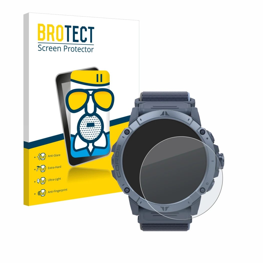 Face avant d’un emballage produit avec le logo de la marque BROTECT. À côté, l’appareil Coros Vertix 2S est représenté avec la