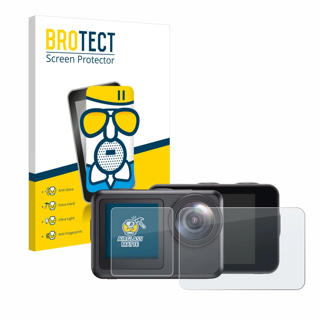 Face avant d’un emballage produit avec le logo de la marque BROTECT. À côté, l’appareil Akaso Brave 7 LE est représenté avec l