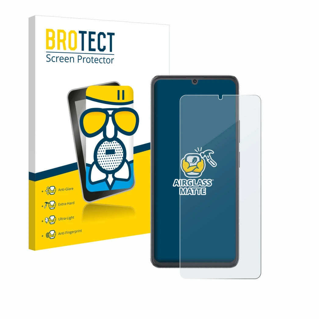 Face avant d’un emballage produit avec le logo de la marque BROTECT. À côté, l’appareil Cubot A20 est représenté avec la prote