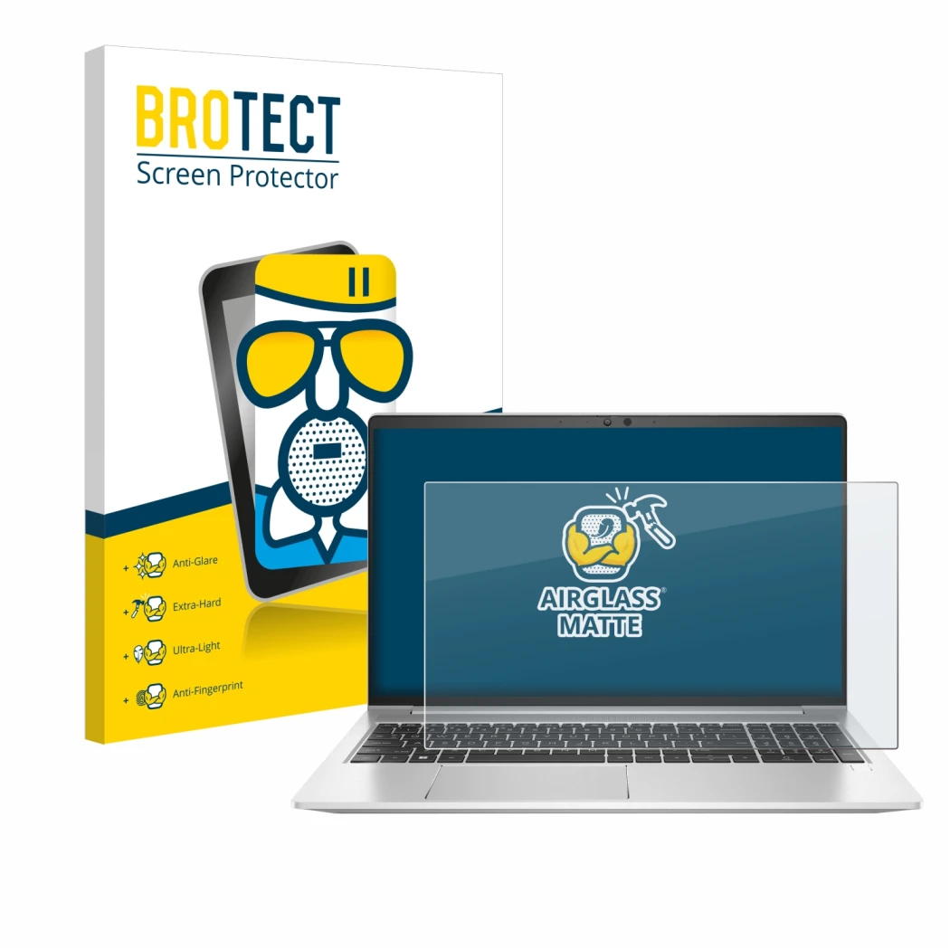 Face avant d’un emballage produit avec le logo de la marque BROTECT. À côté, l’appareil HP EliteBook 650 G10 est représenté av