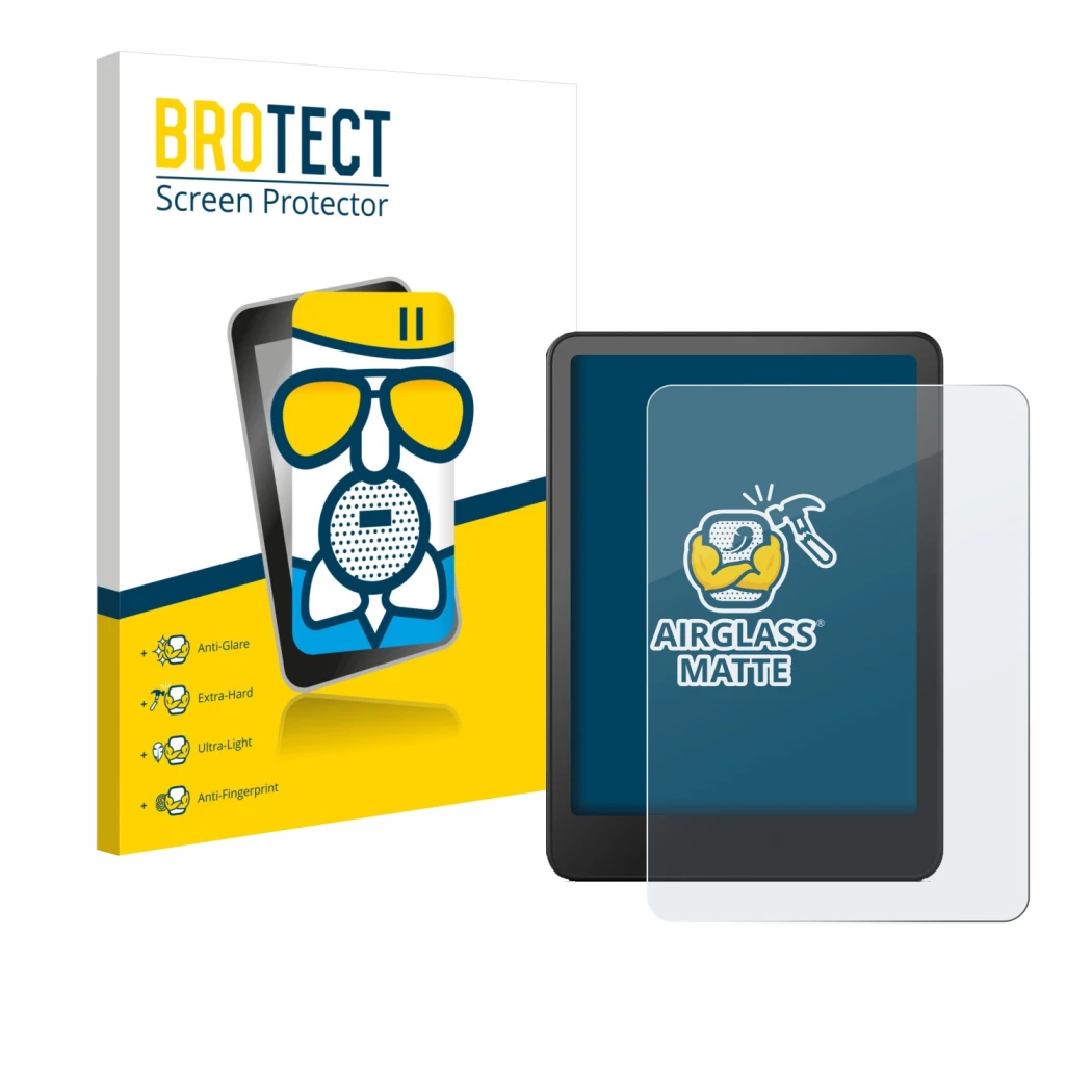 Face avant d’un emballage produit avec le logo de la marque BROTECT. À côté, l’appareil Amazon Kindle Paperwhite 2024 Signatur