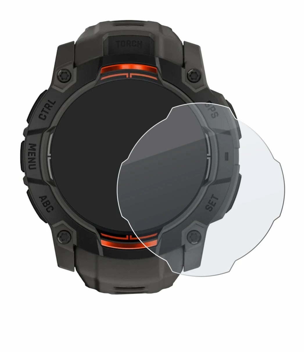 Image de l'appareil Garmin Instinct 3 Solar (50 mm) avec une grande variété de protections d'écran.