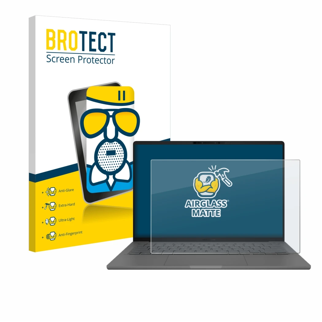 Face avant d’un emballage produit avec le logo de la marque BROTECT. À côté, l’appareil ASUS ZenBook A14 UX3407 est représenté