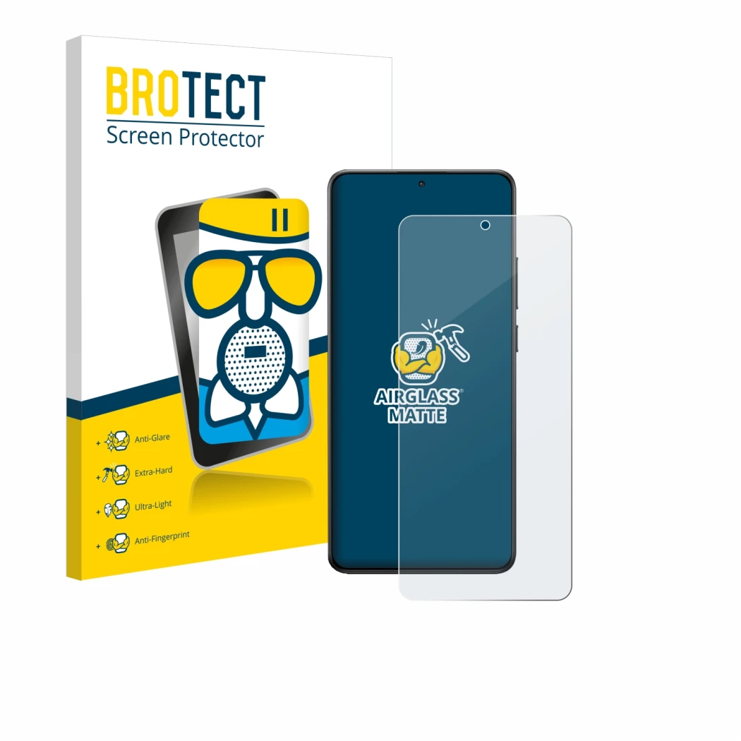 Face avant d’un emballage produit avec le logo de la marque BROTECT. À côté, l’appareil Xiaomi Poco X7 Pro est représenté avec