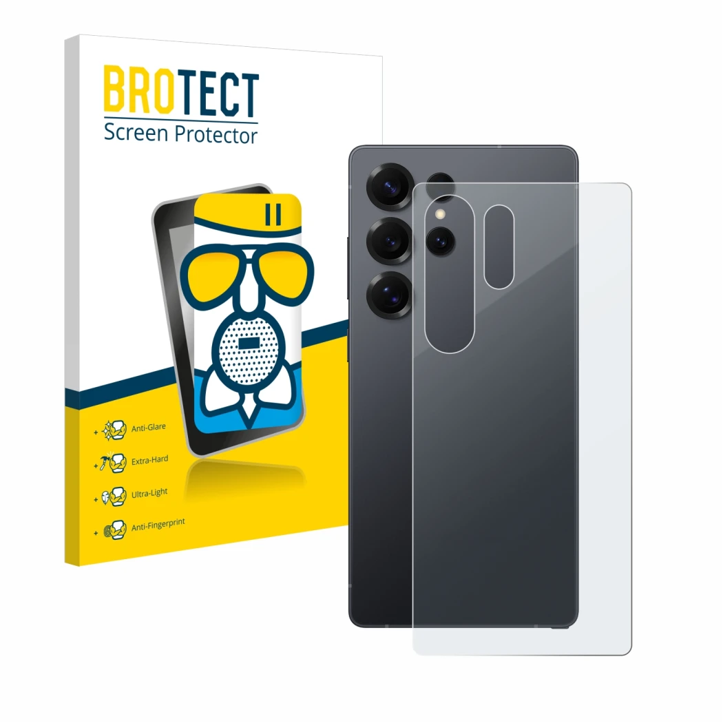 Face avant d’un emballage produit avec le logo de la marque BROTECT. À côté, l’appareil Samsung Galaxy S25 Ultra Enterprise Ed