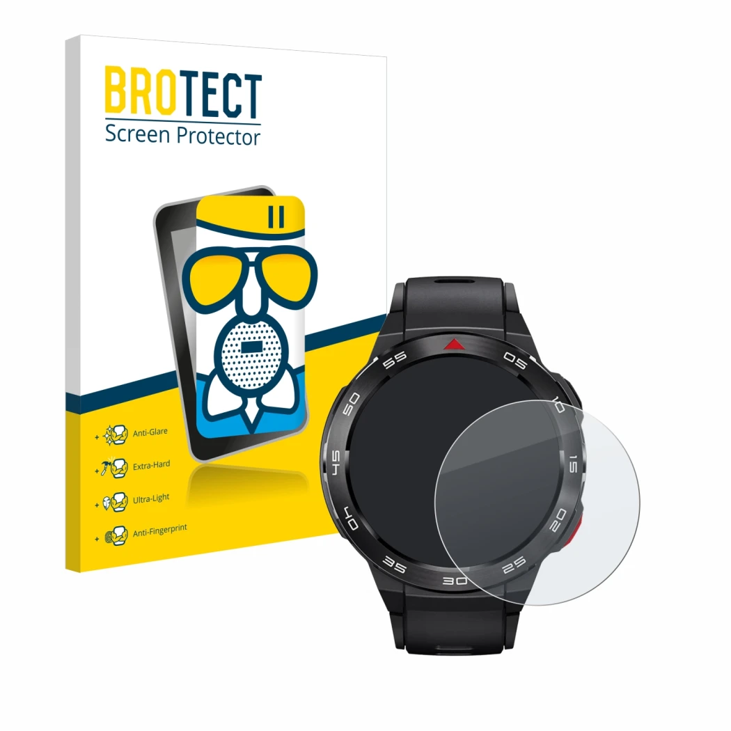 Face avant d’un emballage produit avec le logo de la marque BROTECT. À côté, l’appareil Xiaomi Mibro GS Pro est représenté ave