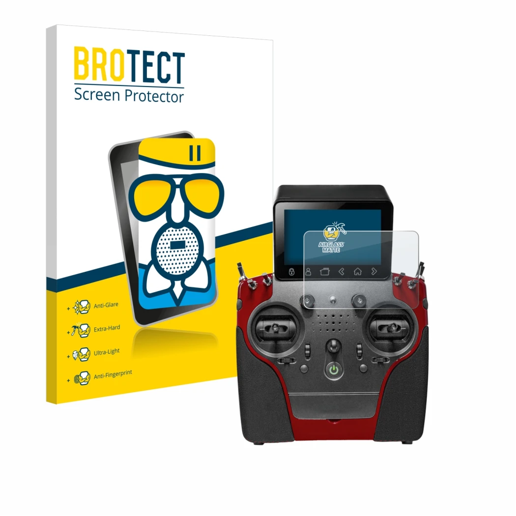 Face avant d’un emballage produit avec le logo de la marque BROTECT. À côté, l’appareil PowerBox Systems Atom est représenté a