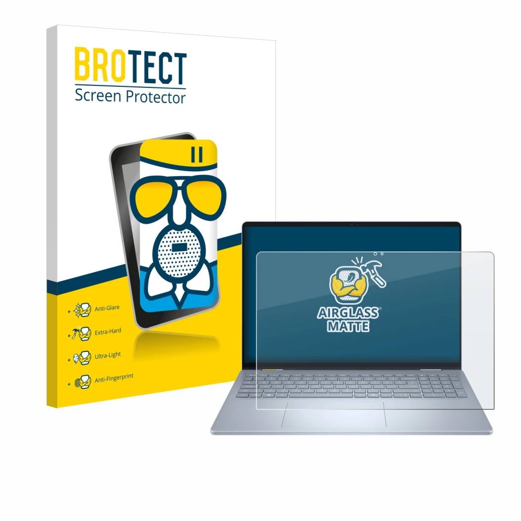 Face avant d’un emballage produit avec le logo de la marque BROTECT. À côté, l’appareil Dell 16 Plus-2-in-1 est représenté ave