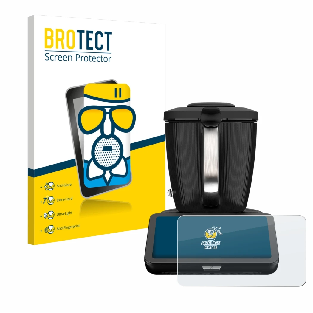 Face avant d’un emballage produit avec le logo de la marque BROTECT. À côté, l’appareil Vorwerk Thermomix TM7 est représenté a