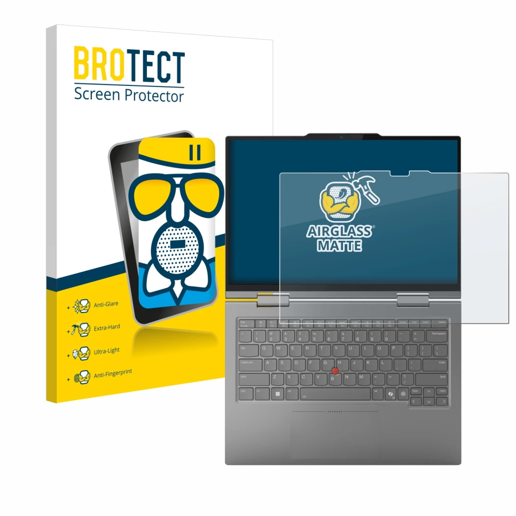 Face avant d’un emballage produit avec le logo de la marque BROTECT. À côté, l’appareil Lenovo ThinkPad X1 2-in-1 Gen 10 14