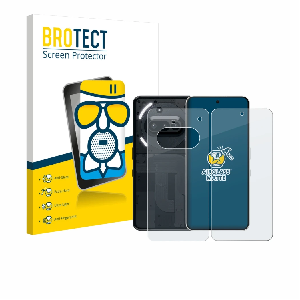 Face avant d’un emballage produit avec le logo de la marque BROTECT. À côté, l’appareil Nothing Phone (3a) (Avant+Arrière) est