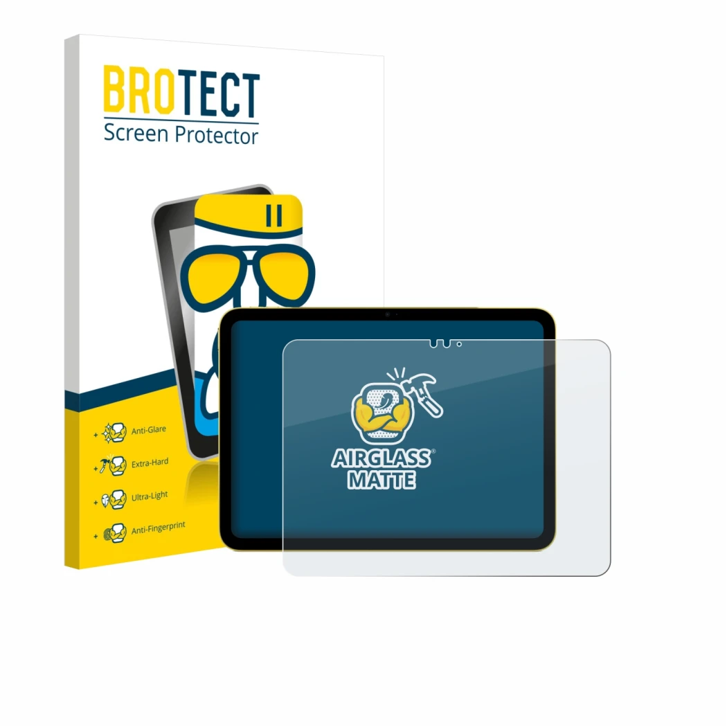 Face avant d’un emballage produit avec le logo de la marque BROTECT. À côté, l’appareil Apple iPad Air 11