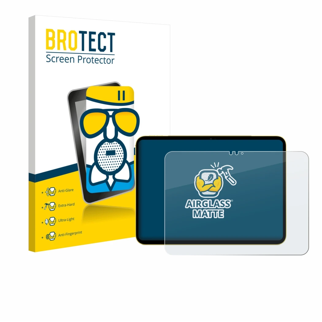 Face avant d’un emballage produit avec le logo de la marque BROTECT. À côté, l’appareil Apple iPad Air 11