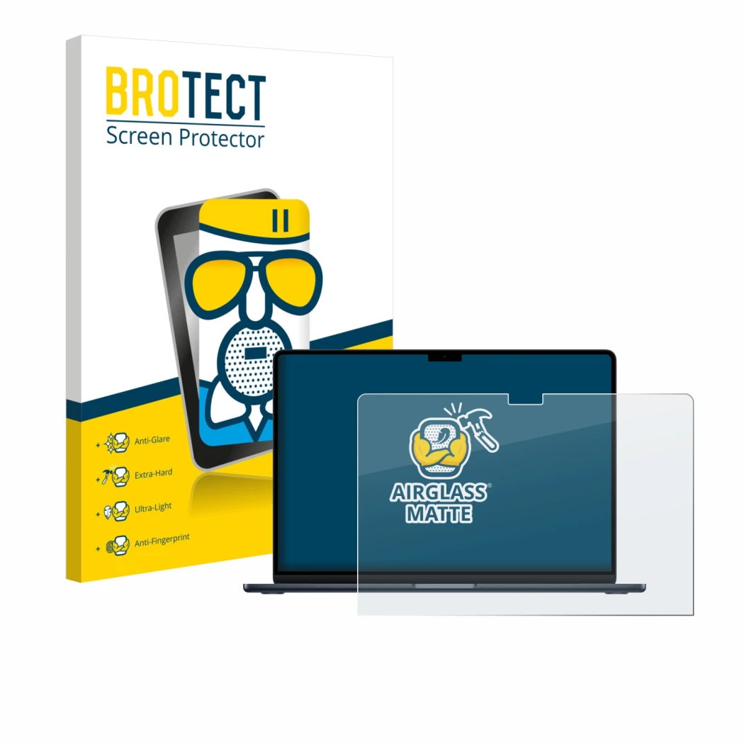 Face avant d’un emballage produit avec le logo de la marque BROTECT. À côté, l’appareil Apple MacBook Air 15