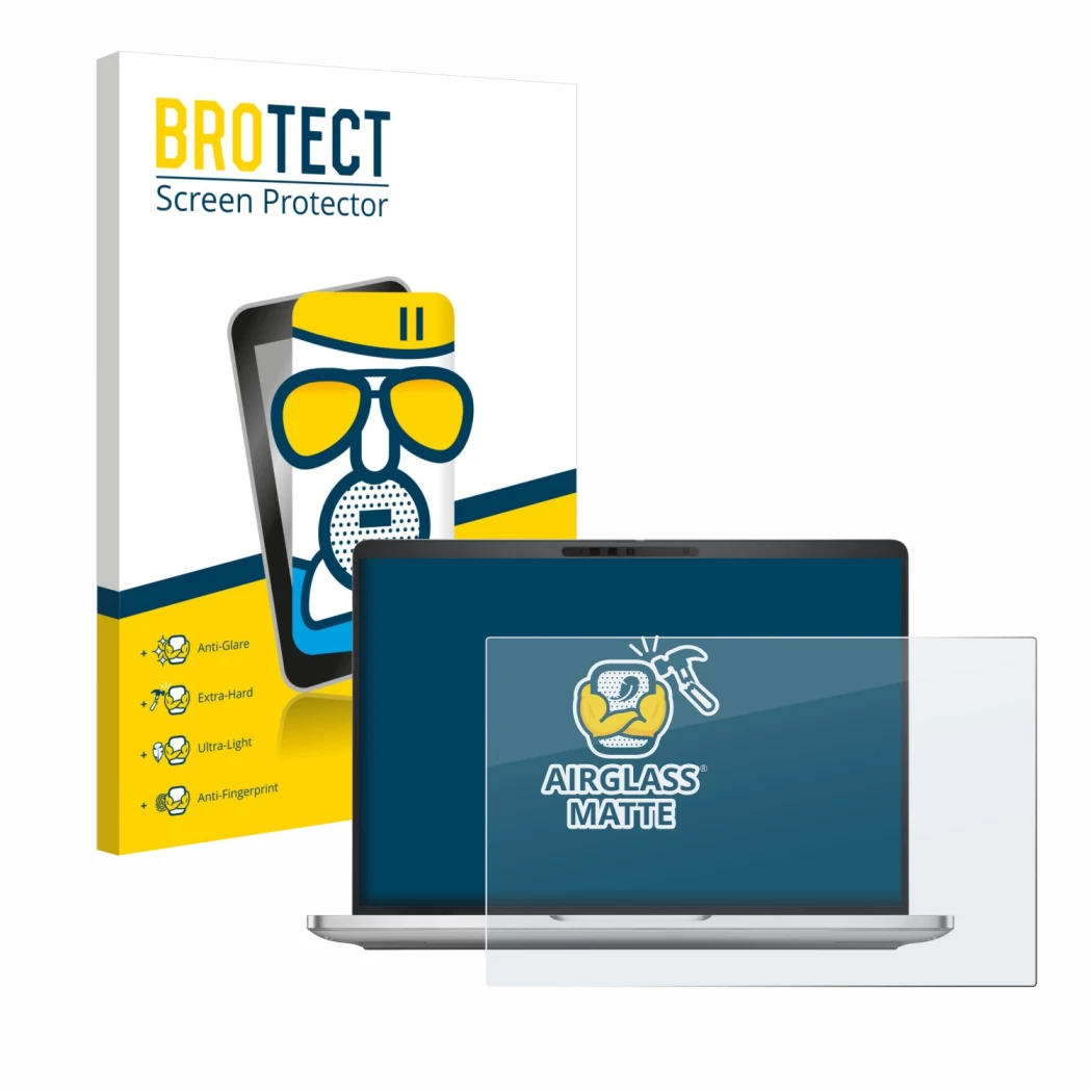 Face avant d’un emballage produit avec le logo de la marque BROTECT. À côté, l’appareil Dell Pro 13 Plus Laptop est représenté