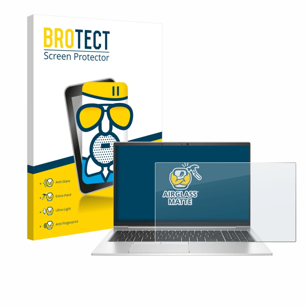 Face avant d’un emballage produit avec le logo de la marque BROTECT. À côté, l’appareil HP EliteBook 855 G8 est représenté ave