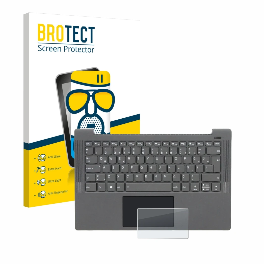 Face avant d’un emballage produit avec le logo de la marque BROTECT. À côté, l’appareil Lenovo IdeaPad 5 14ALC05 Touchpad est