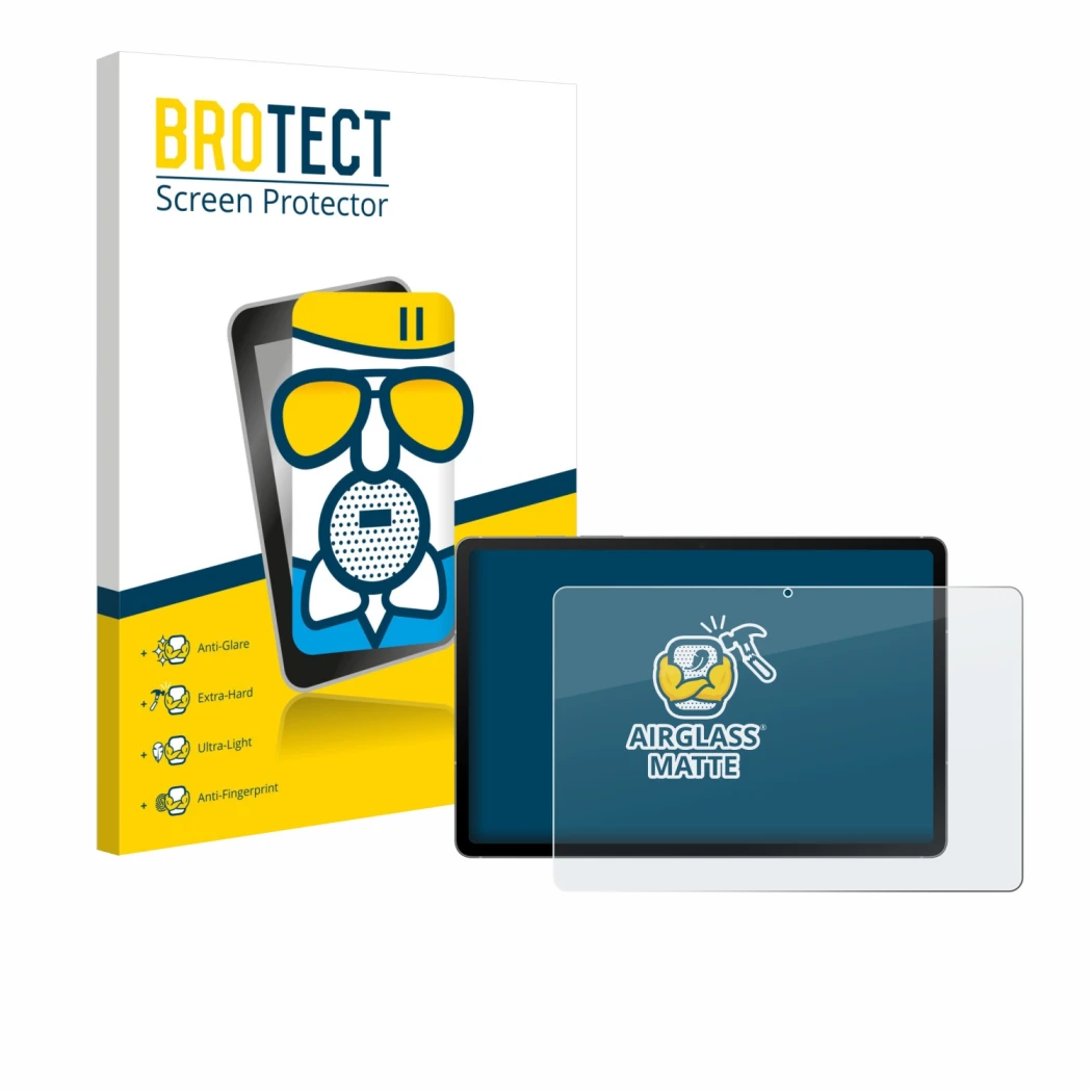 Face avant d’un emballage produit avec le logo de la marque BROTECT. À côté, l’appareil Samsung Galaxy Tab S10 FE WiFi est rep