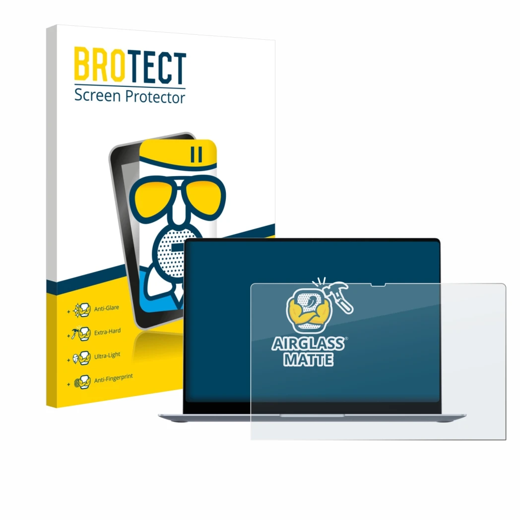 Face avant d’un emballage produit avec le logo de la marque BROTECT. À côté, l’appareil Samsung Galaxy Book4 15.6